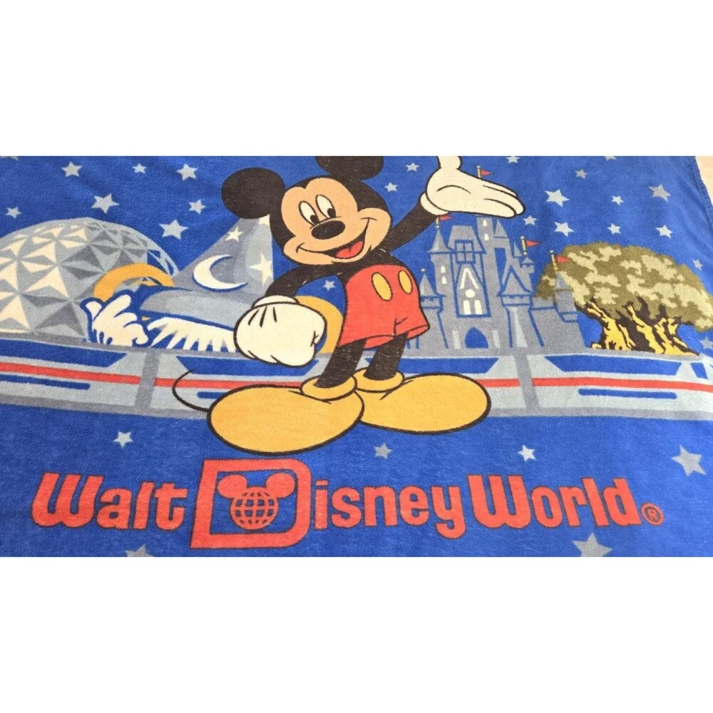 Vintage Walt Disney World Fleece Blanket Mickey Mouse Epcot Animal Kingdom Blue